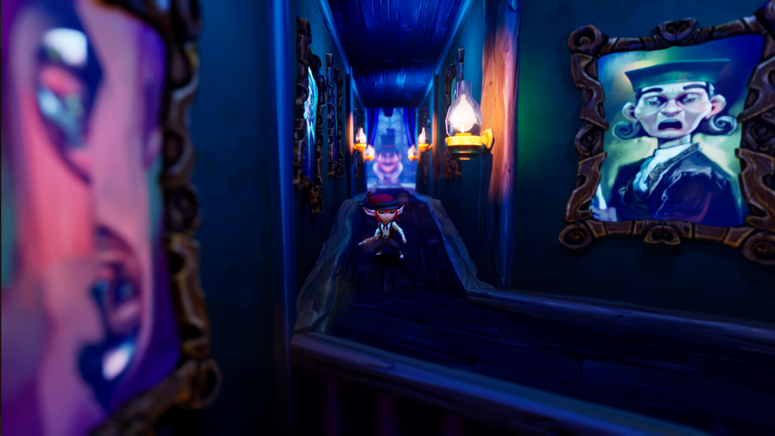 Nai explores a blue-lit corridor in Manairons