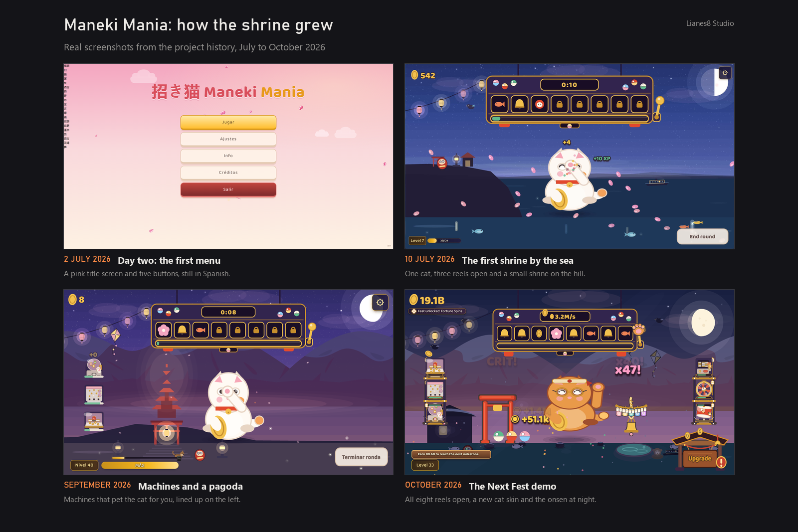 Maneki Mania development comparison from early menu to Steam Next Fest demo