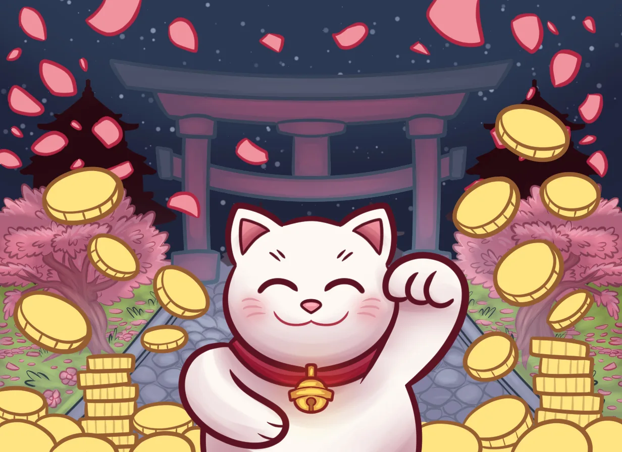 Official Maneki Mania shrine artwork featuring the lucky cat and lanterns