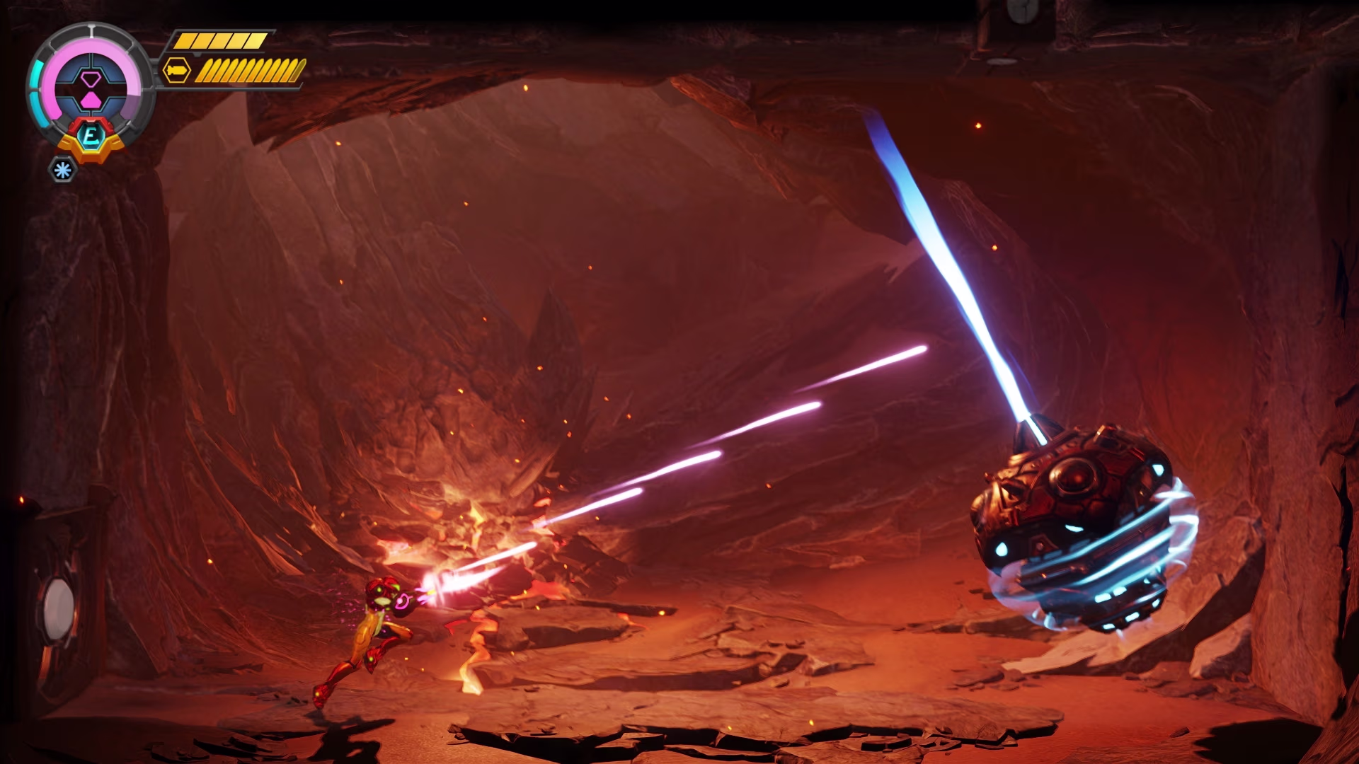 Samus fires a beam during combat.