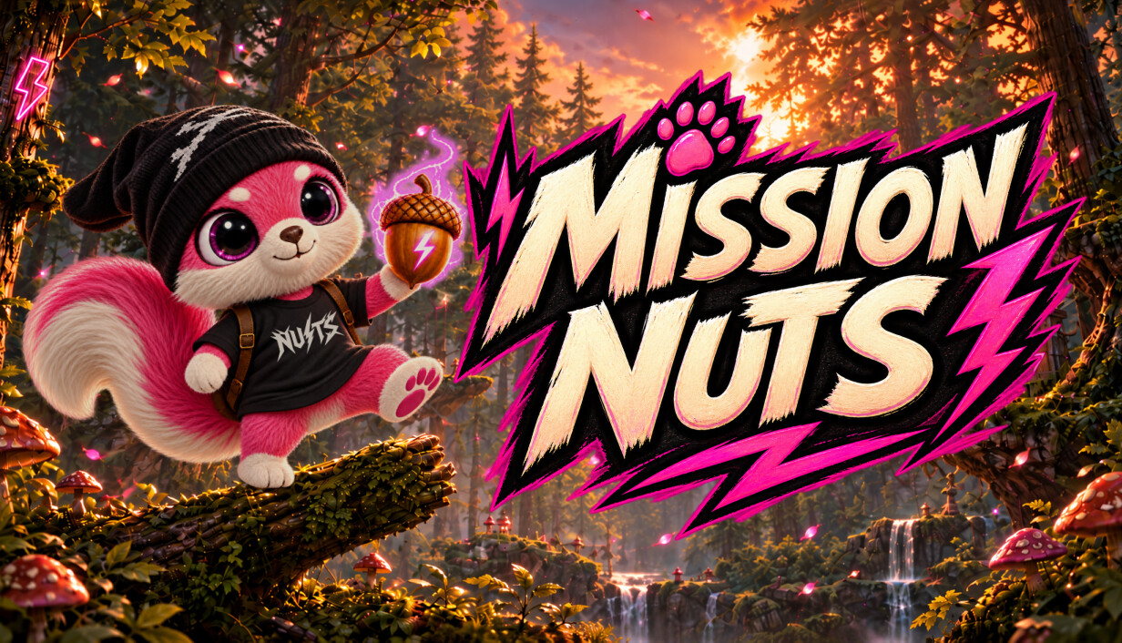 Mission Nuts official artwork featuring Wiewiu the squirrel in a forest with the game title