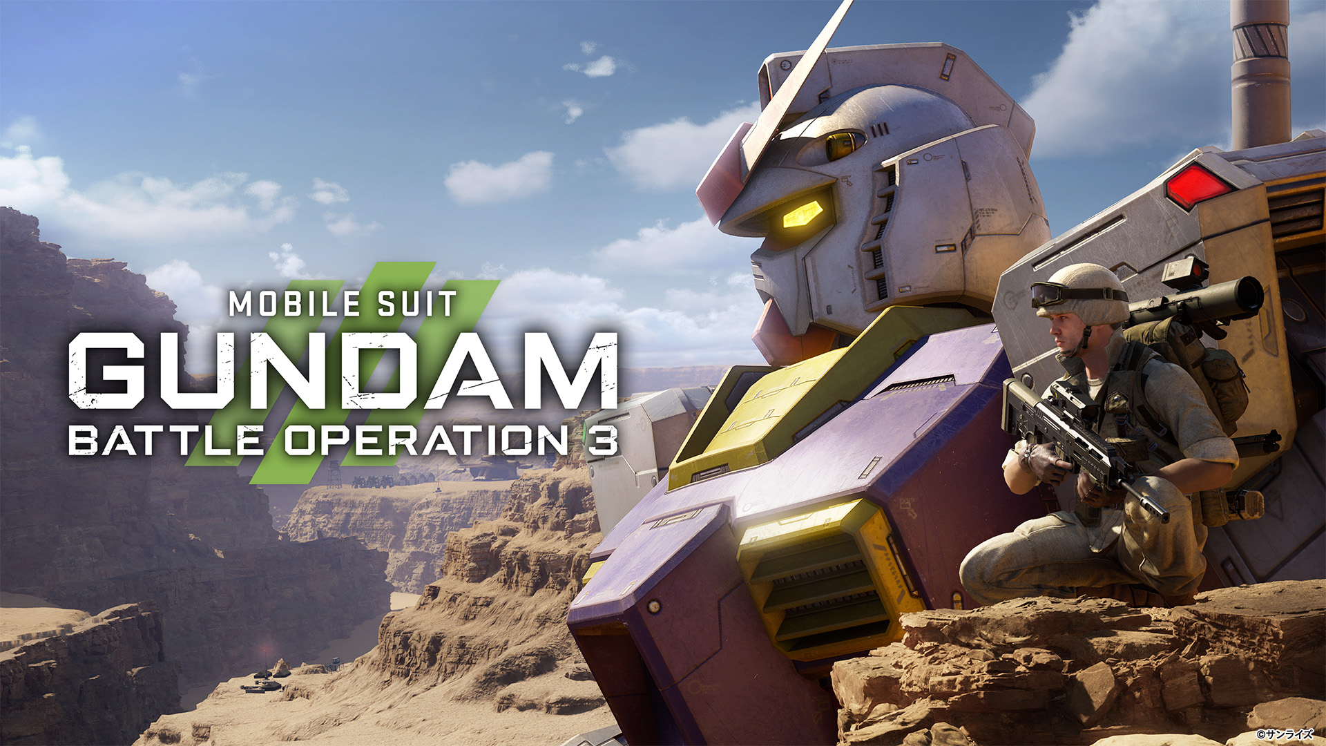 Official Bandai Namco Mobile Suit Gundam Battle Operation 3 gameplay promotional screenshot showing Mobile Suit battlefield