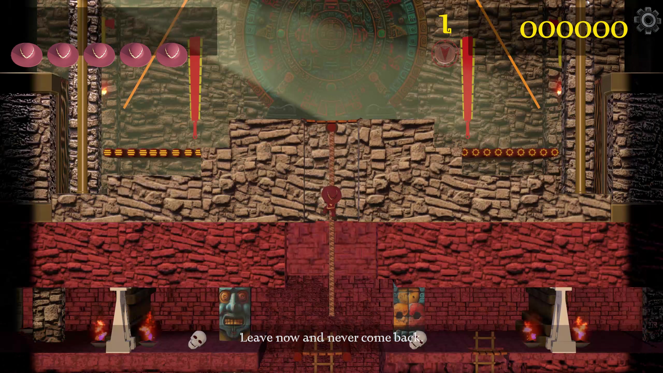 Original gameplay showing an elaborate stone chamber in Montezuma's Revenge 40th Anniversary Edition
