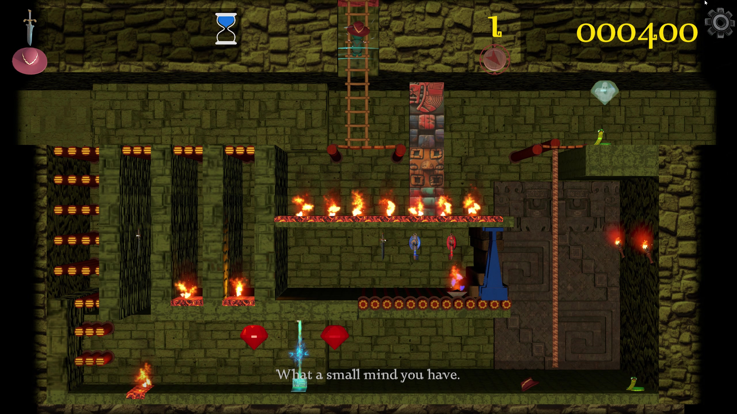 Platforming room with flames and dangerous obstacles