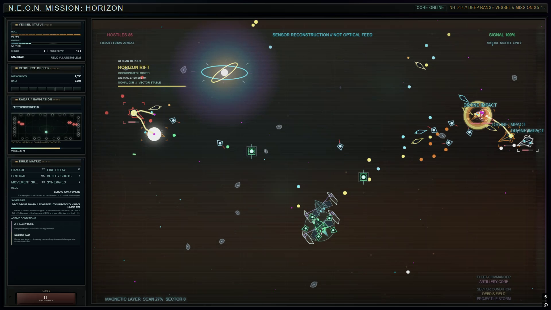 N.E.O.N. HORIZON gameplay showing combat, projectiles and tactical HUD
