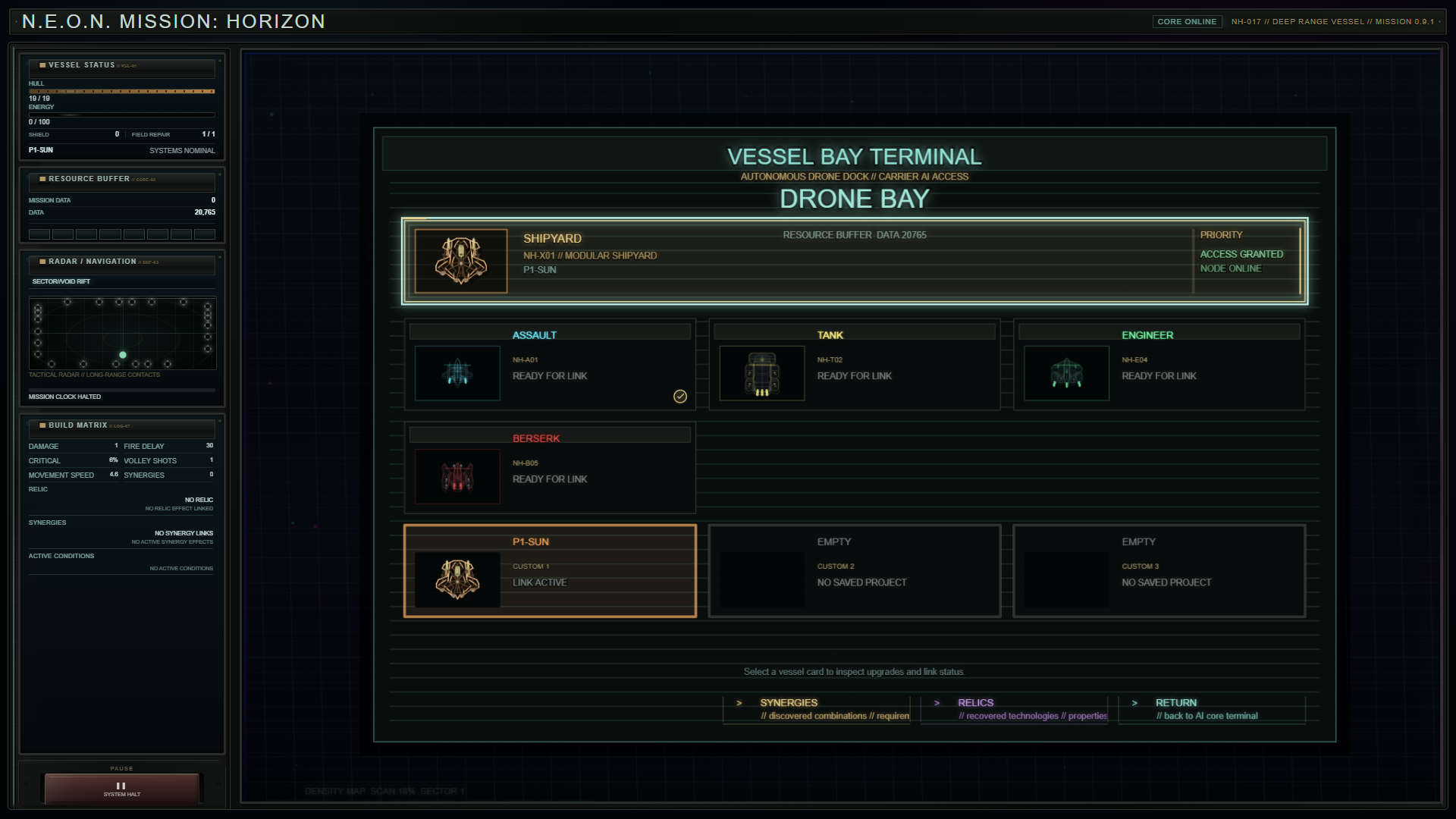 N.E.O.N. HORIZON shipyard vessel bay terminal showing ship configurations