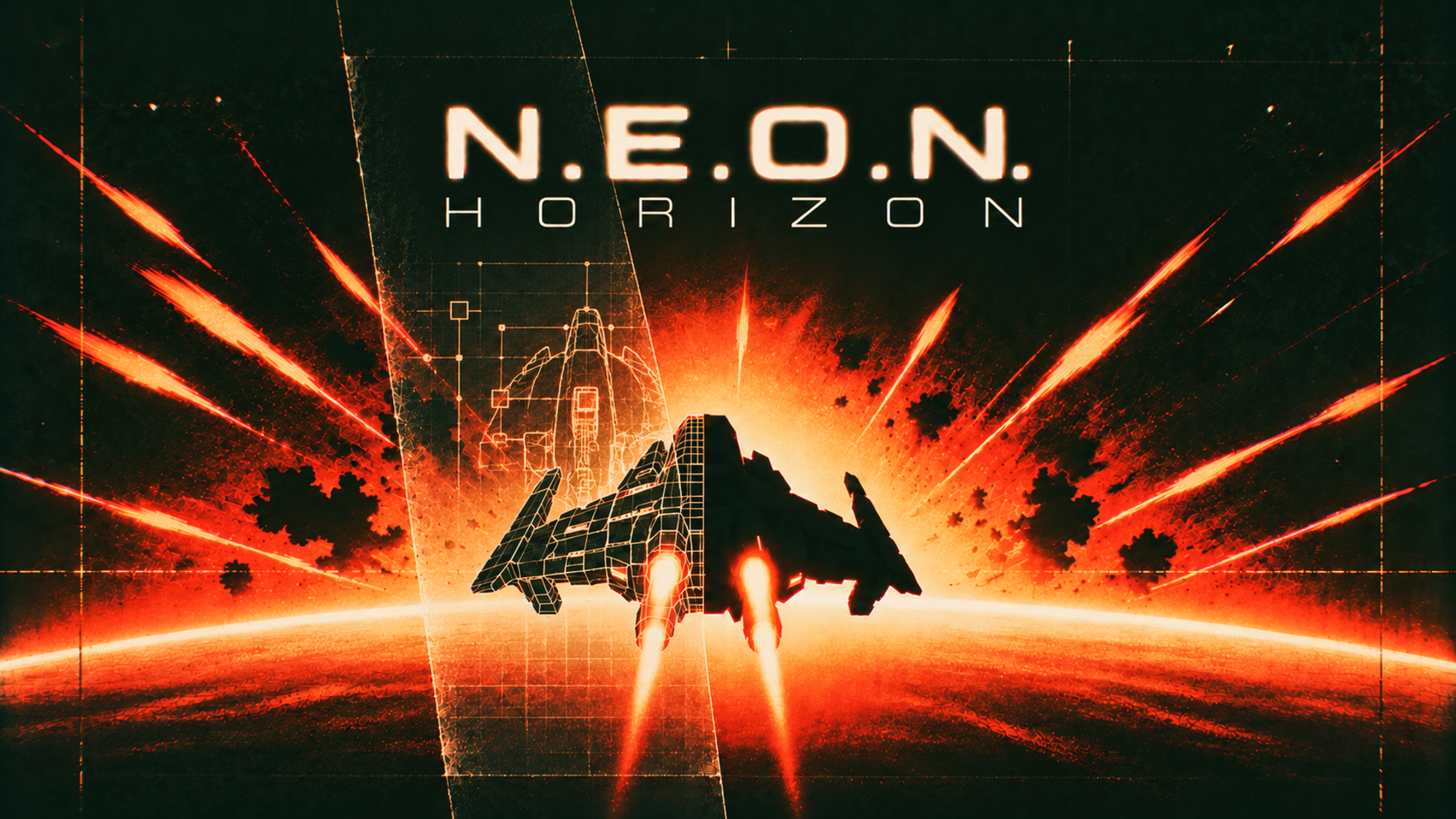 N.E.O.N. HORIZON official updated promotional artwork, a spaceship over an orange-red planetary horizon, supplied by developer Denis