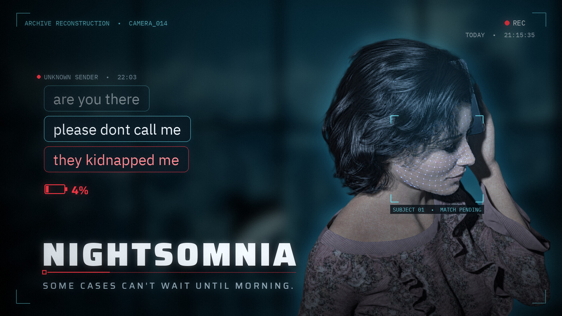 NIGHTSOMNIA official gameplay trailer promotional still depicting the opening emergency messages, Dmytro Osypiuk.