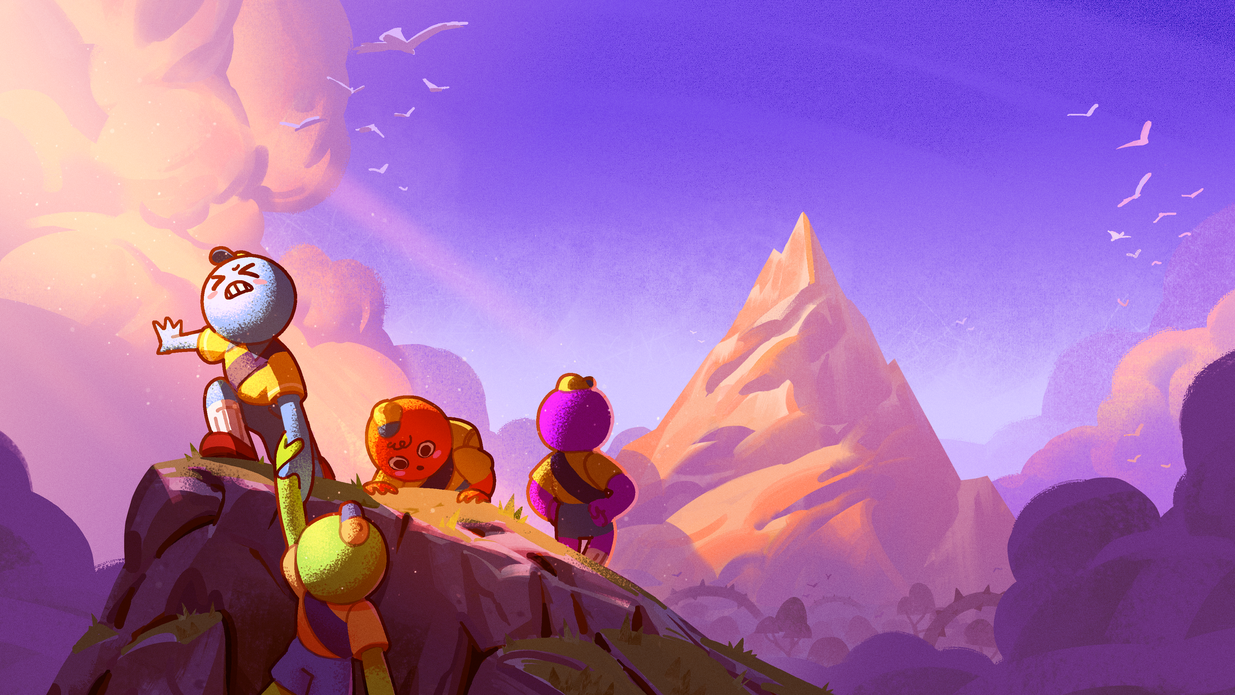 Official PEAK artwork showing colourful scouts climbing a steep mountain together