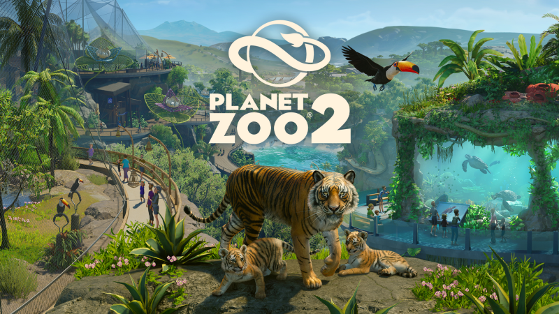 Official Planet Zoo 2 launch artwork showing a tiger and cubs in a large wildlife habitat with tropical birds and an underwater aquarium