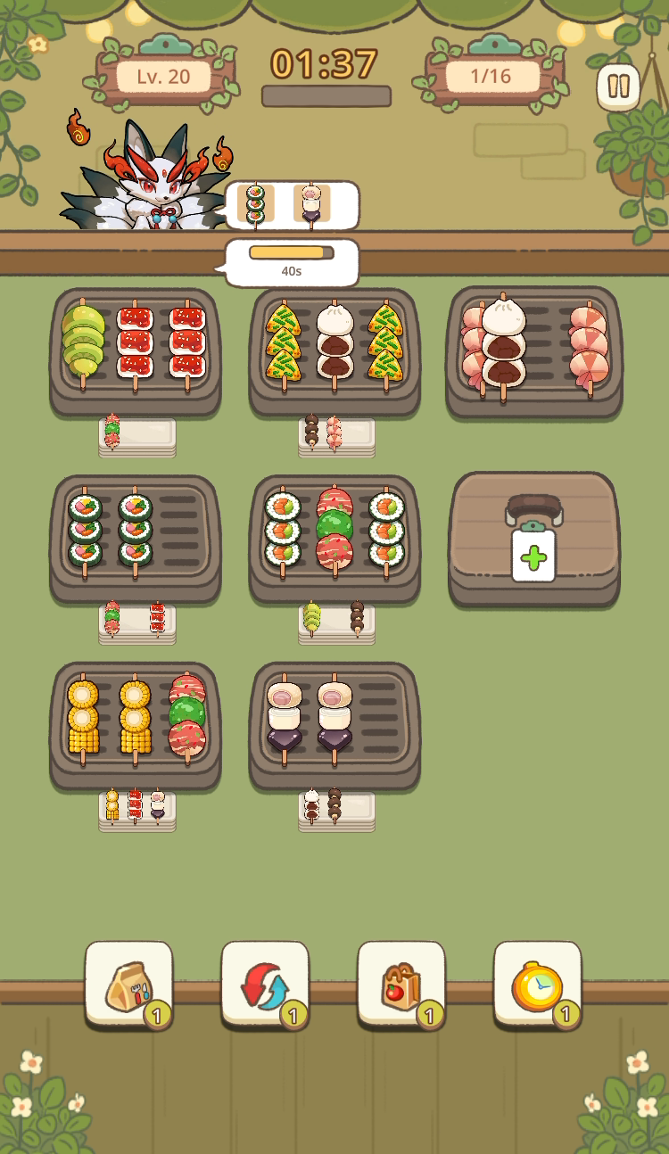 Pocha Moonlight level twenty screenshot with trays, matching food skewers and a timed puzzle