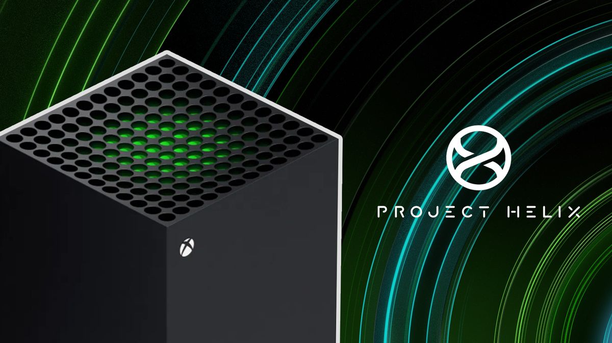 Project Helix Xbox branding with green and blue curves; promotional graphic, not a confirmed console hardware render