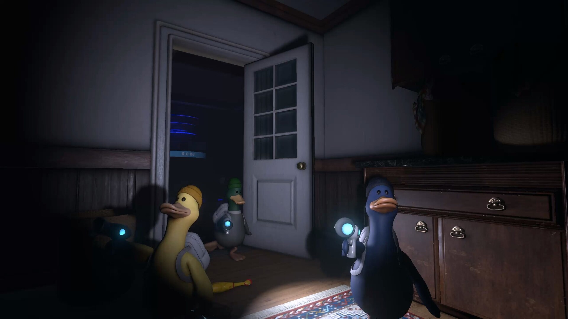 Alien ducks in QUIET carrying flashlights through a dark house during a cooperative stealth mission