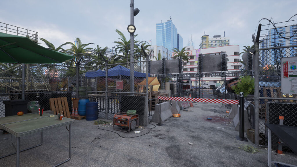 Official Quarantine Zone Miami Zero screenshot of the barricaded Miami checkpoint, courtesy Brigada Games and Xbox Wire