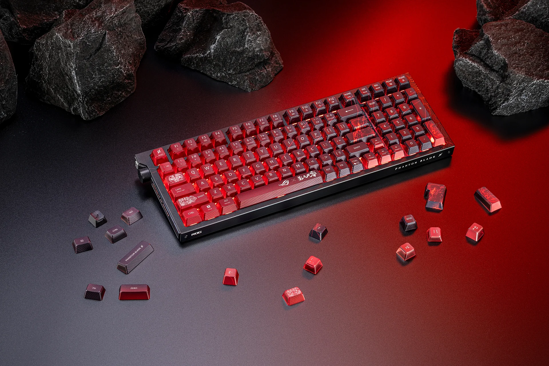 ROG Strix Morph 96 Wireless Phantom Blade Zero themed keyboard with loose keycaps