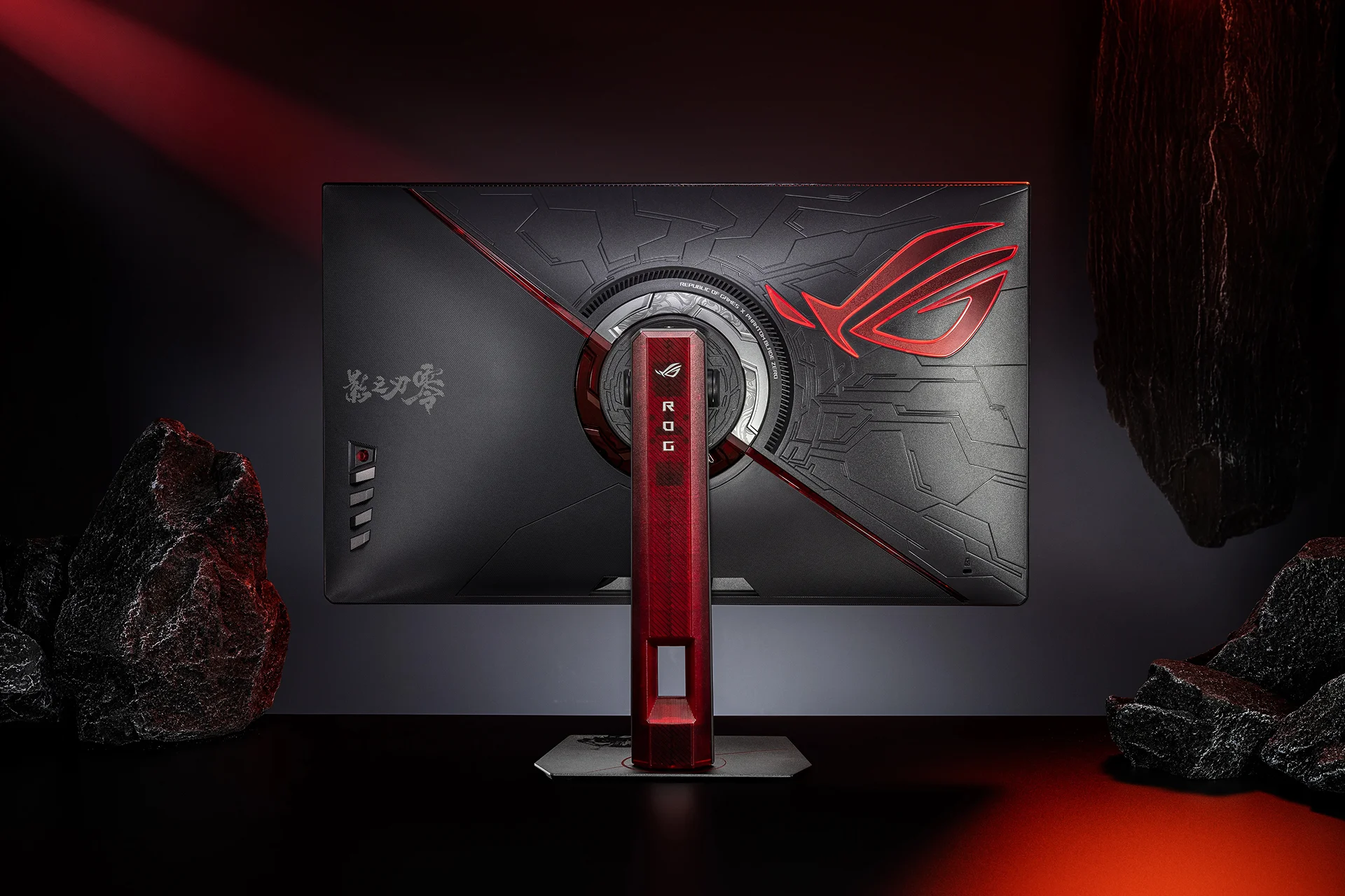Back of the ROG Strix Phantom Blade Zero Edition monitor displaying red accents