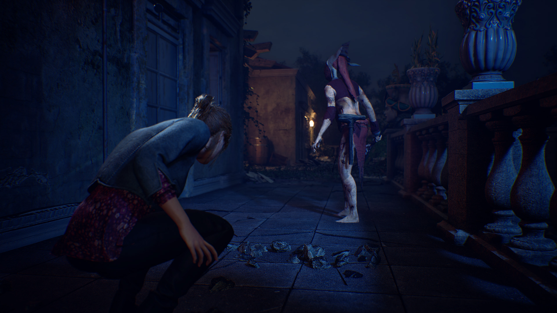 Official Remothered: Red Nun's Legacy screenshot of Susan crouching near a stalking enemy in a ruined building