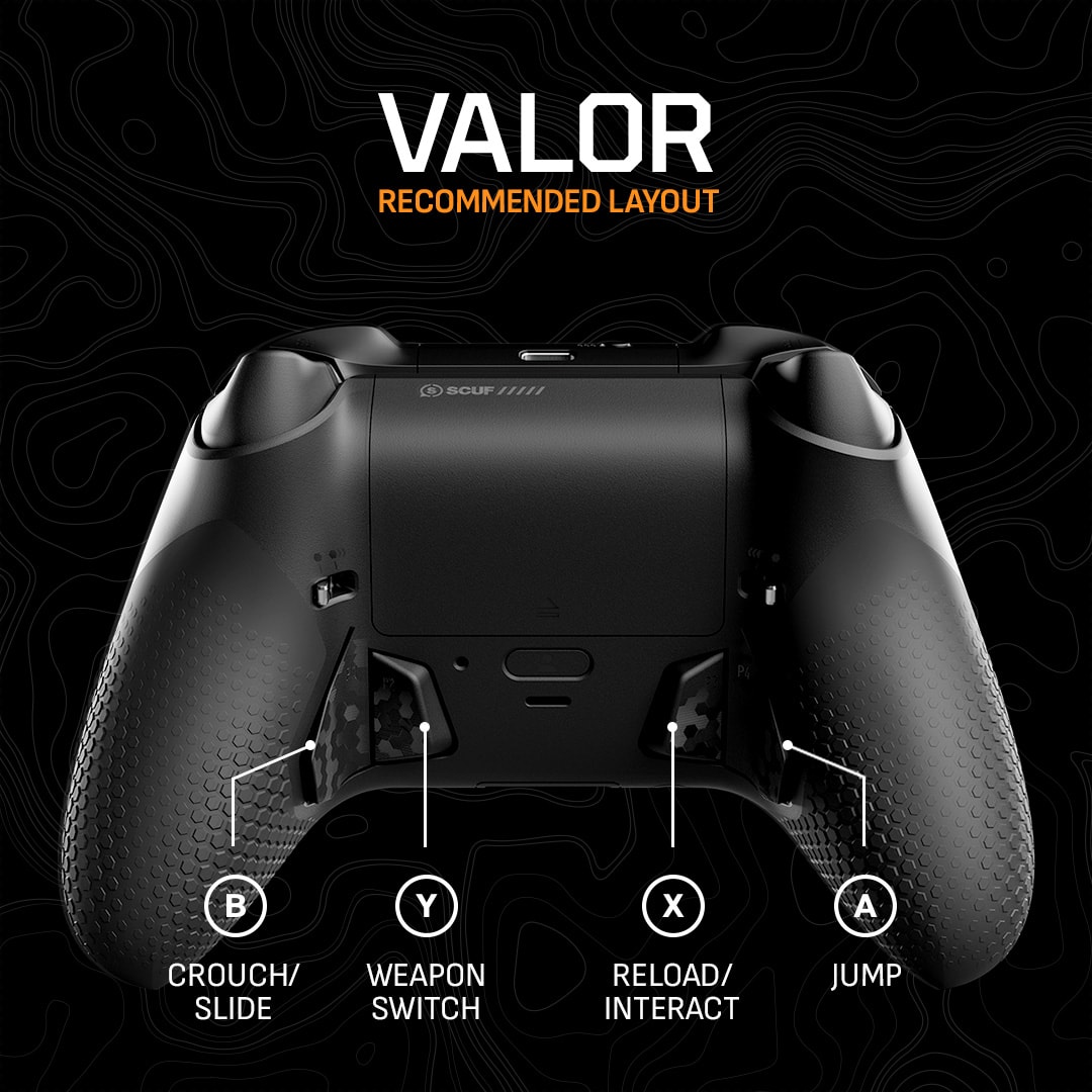 Diagram illustrating four programmable rear paddles on the SCUF Valor controller
