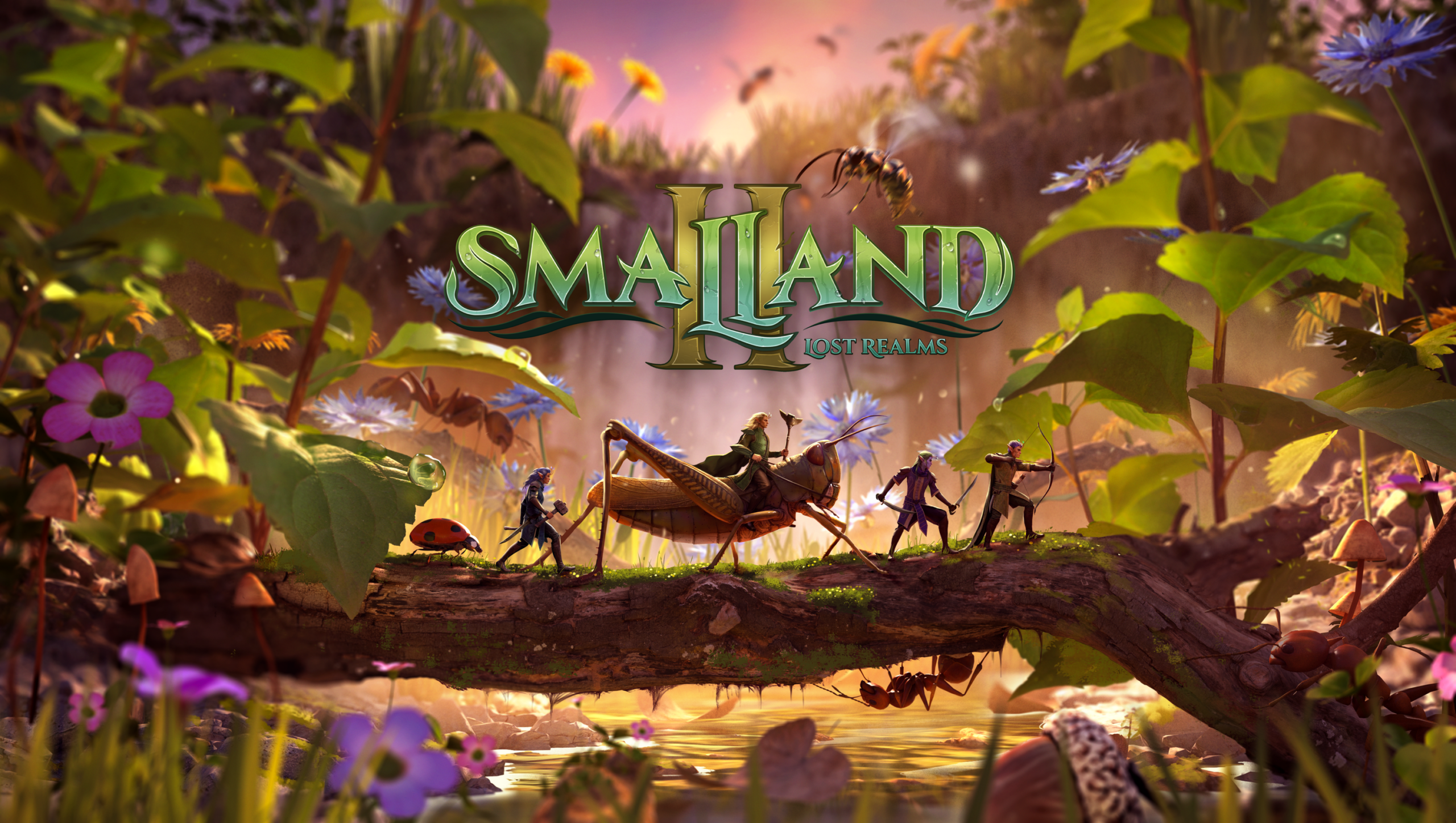 Official Smalland 2 Lost Realms artwork featuring tiny explorers in an oversized forest, Maximum Entertainment
