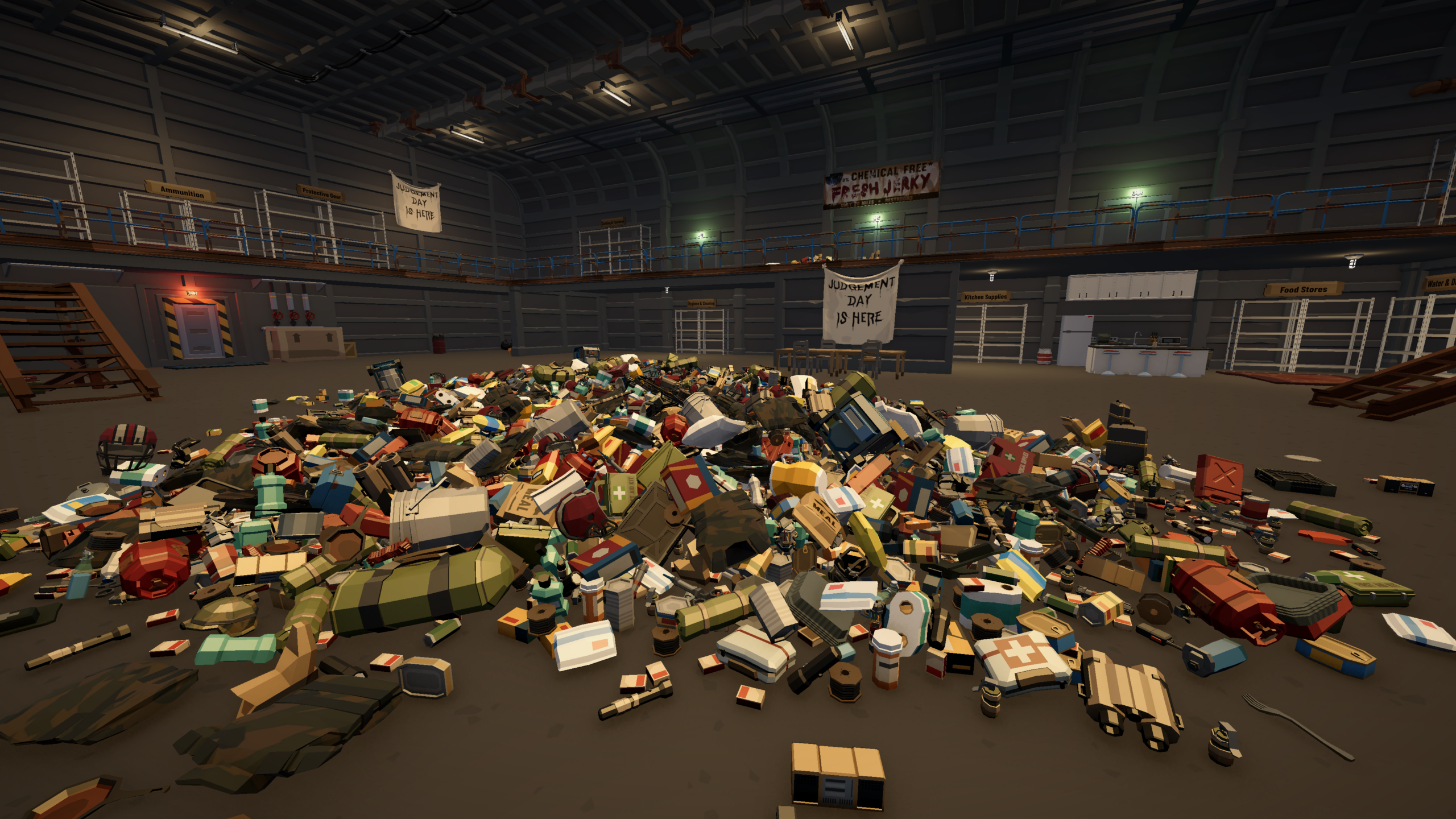 Work-in-progress bunker gameplay showing a pile of scavenged supplies in Sort of the Apocalypse, Fortified Studios