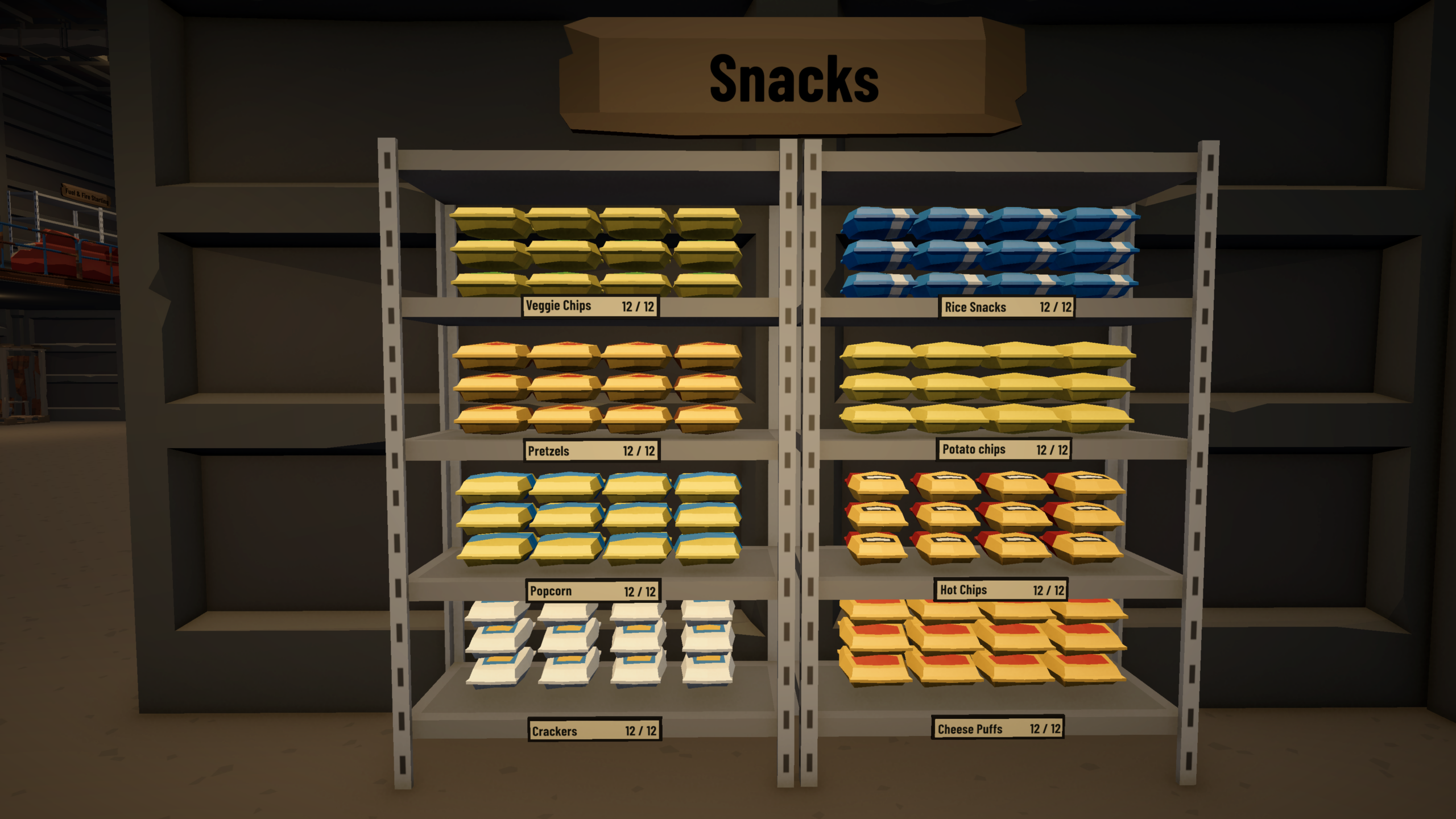 Work-in-progress Sort of the Apocalypse game scene with stocked snack shelves