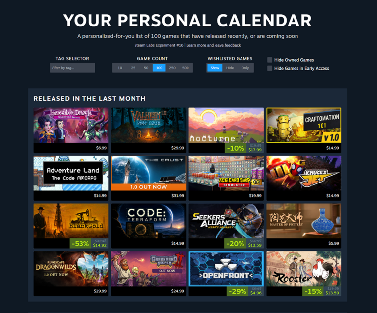 Official Steam Personal Calendar screenshot supplied by Valve in its Steamworks documentation.