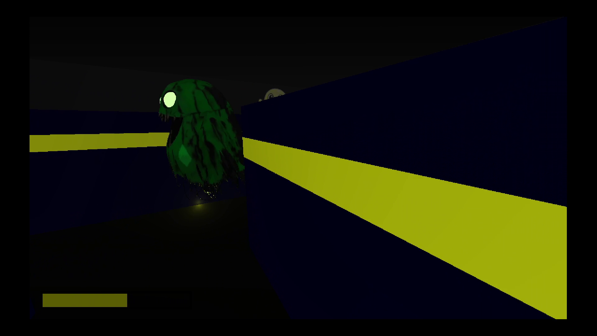 A green ghost looms amid yellow-striped walls in the dark Super Happy Ghost Maze facility