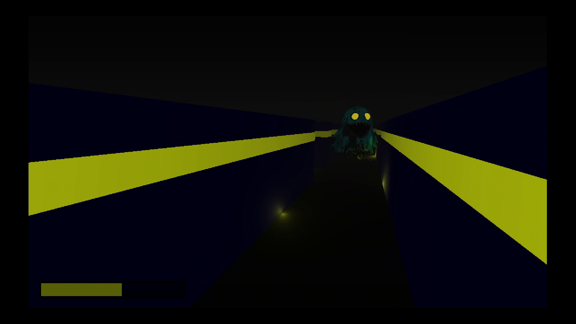 A green ghost with bright yellow eyes approaches in Super Happy Ghost Maze's dark hallway