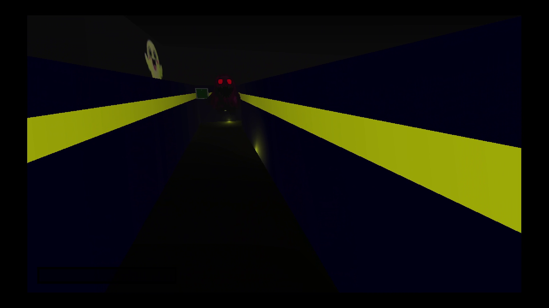 A red-eyed hunter emerges from the shadows of a dark Super Happy Ghost Maze corridor