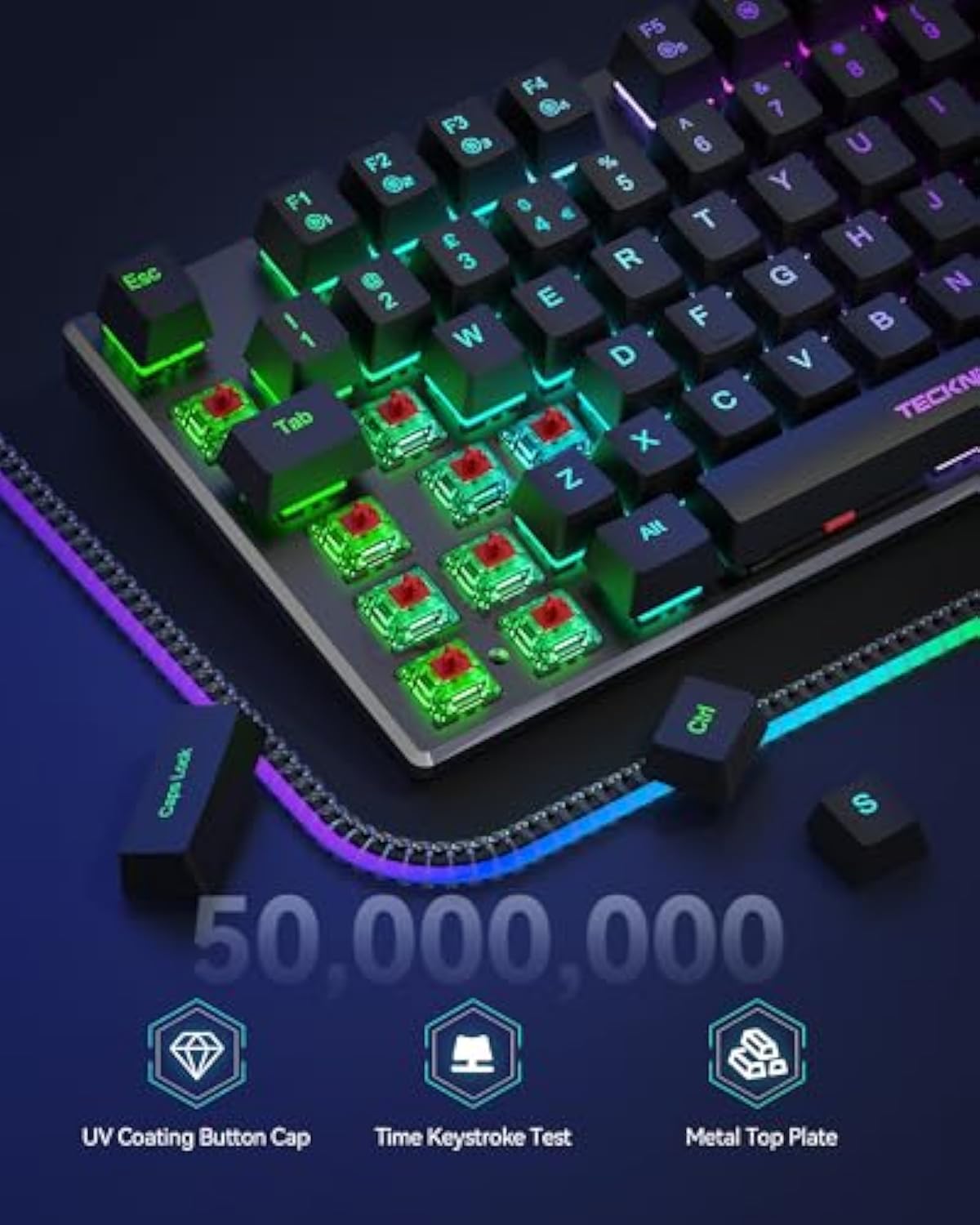 TECKNET mechanical gaming keyboard close-up with illuminated red mechanical switches