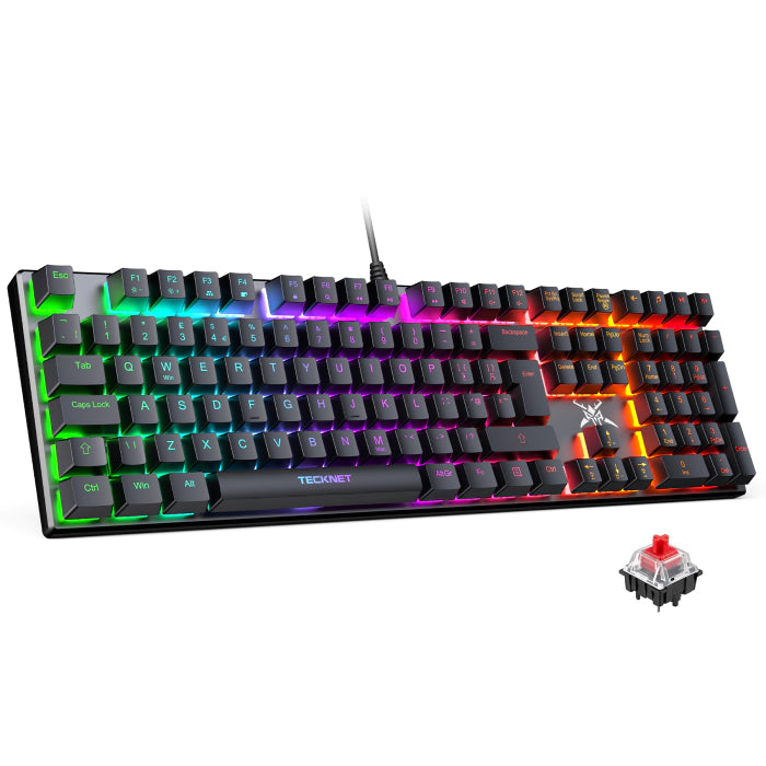 TECKNET 109-key mechanical RGB keyboard with red switch display, official product image