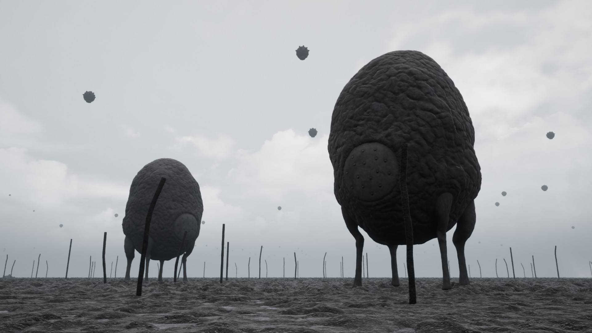 Official TREMEN screenshot showing eerie mutant pod structures across a stark grey industrial wasteland