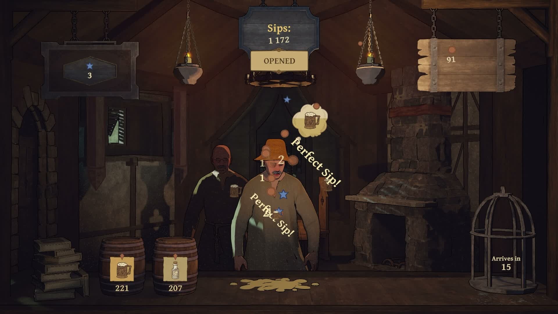 Official Tavern Clicker trailer still showing a Perfect Sip reward, two patrons at the counter and the tavern interface