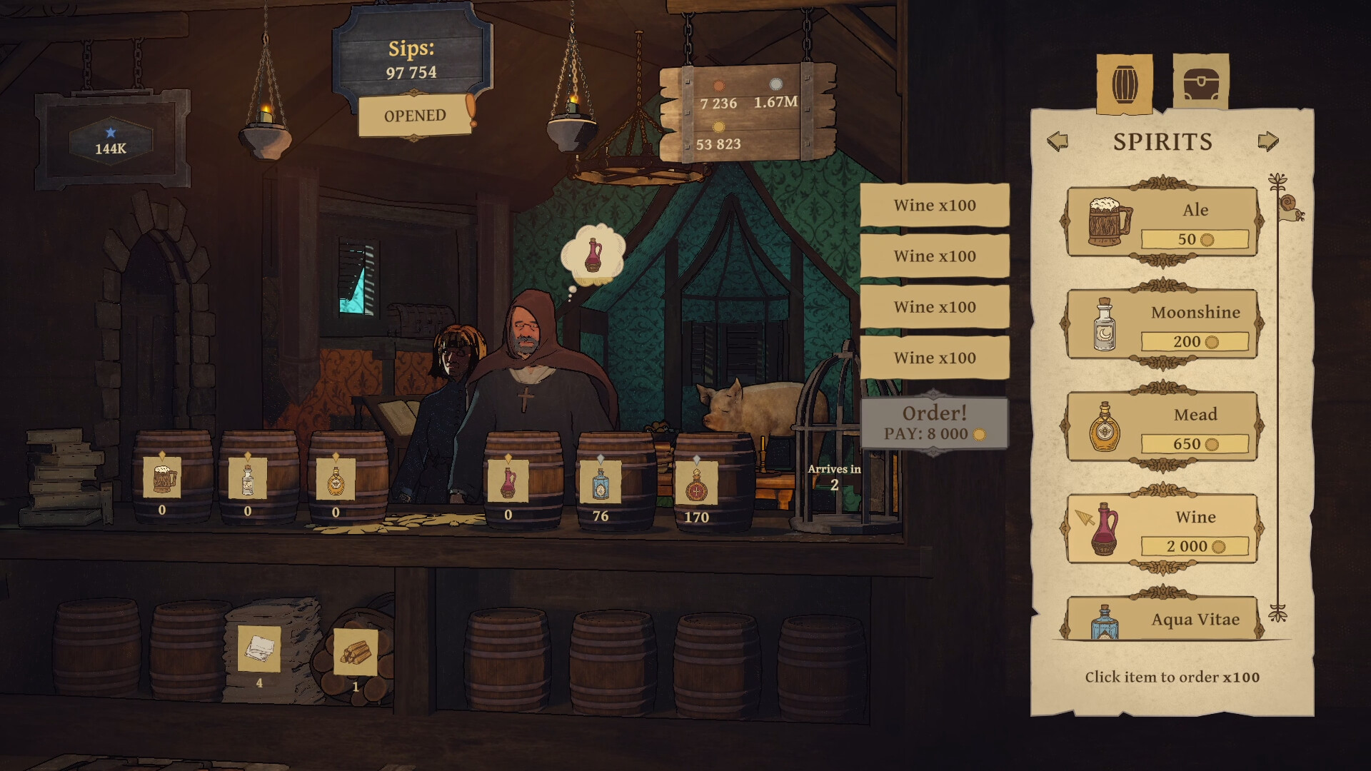 Official Tavern Clicker gameplay screenshot showing a medieval tavern counter, customers, barrels and a drinks menu