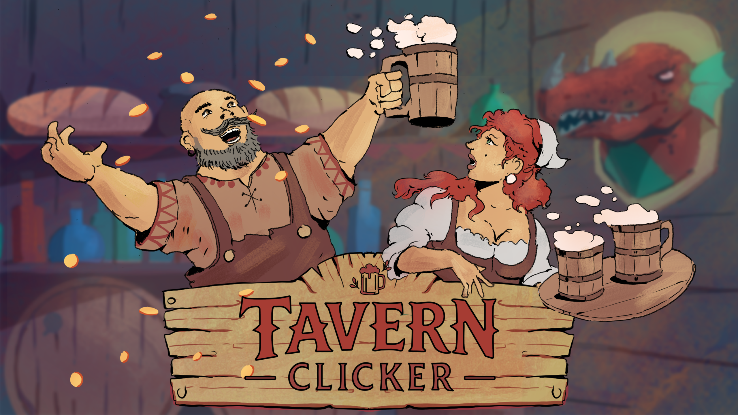 Tavern Clicker illustrated key art featuring two tavern characters, frothing mugs and a dragon in the background