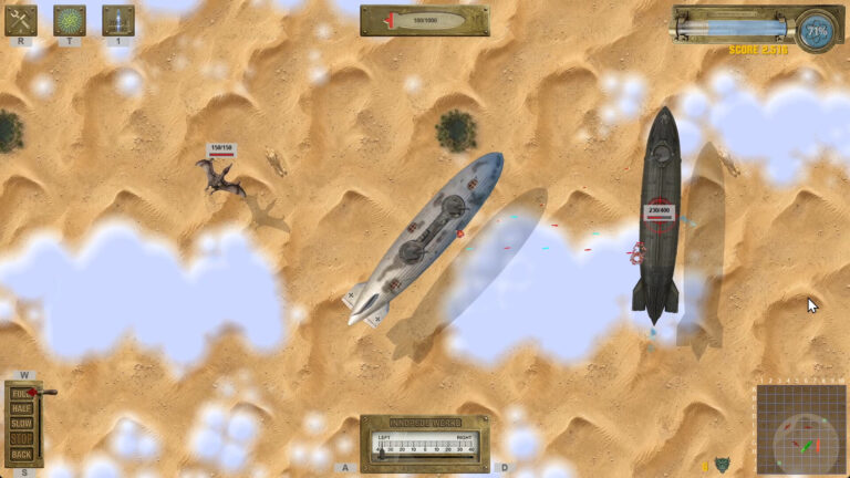 Top-down airship combat above desert terrain