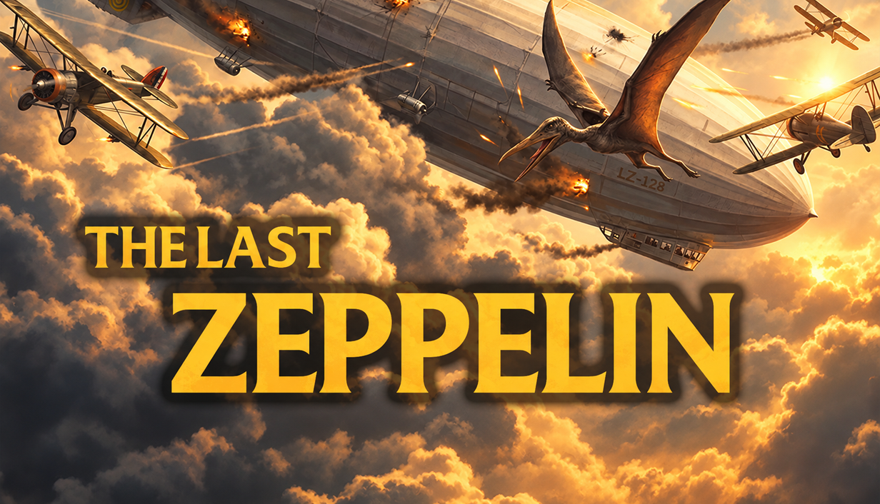 Official promotional artwork for The Last Zeppelin featuring a zeppelin, aircraft and a flying creature