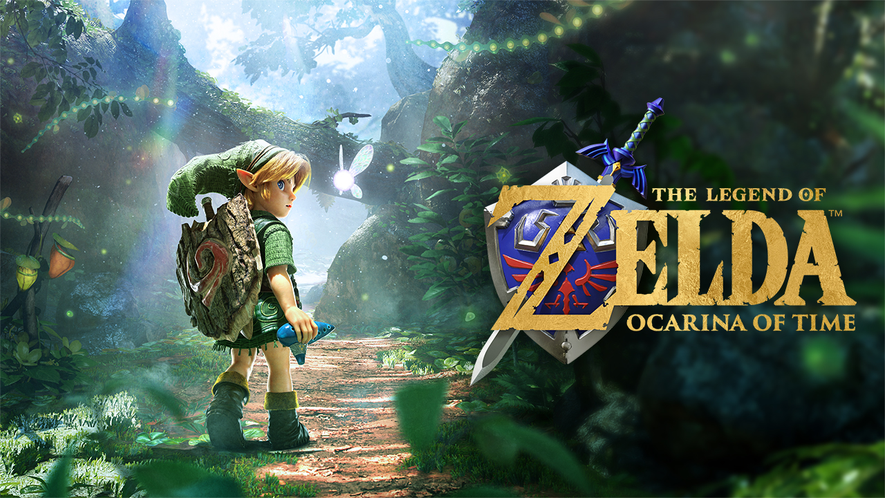 Nintendo official Ocarina of Time Switch 2 artwork showing Link, his ocarina, Hylian shield and Hyrule forest