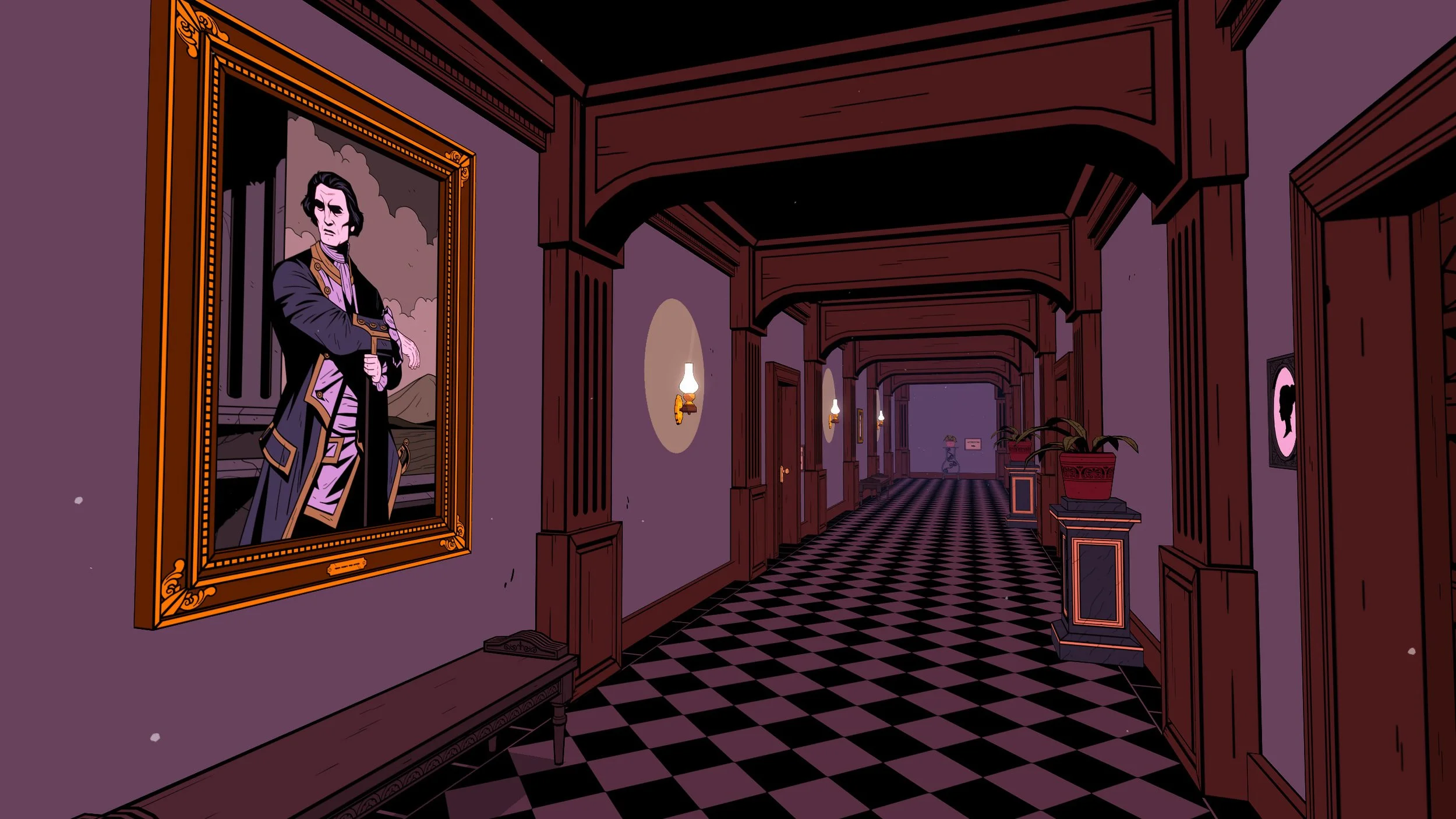 Official Spooky Doorway screenshot showing the Victorian manor's striking illustrated corridor