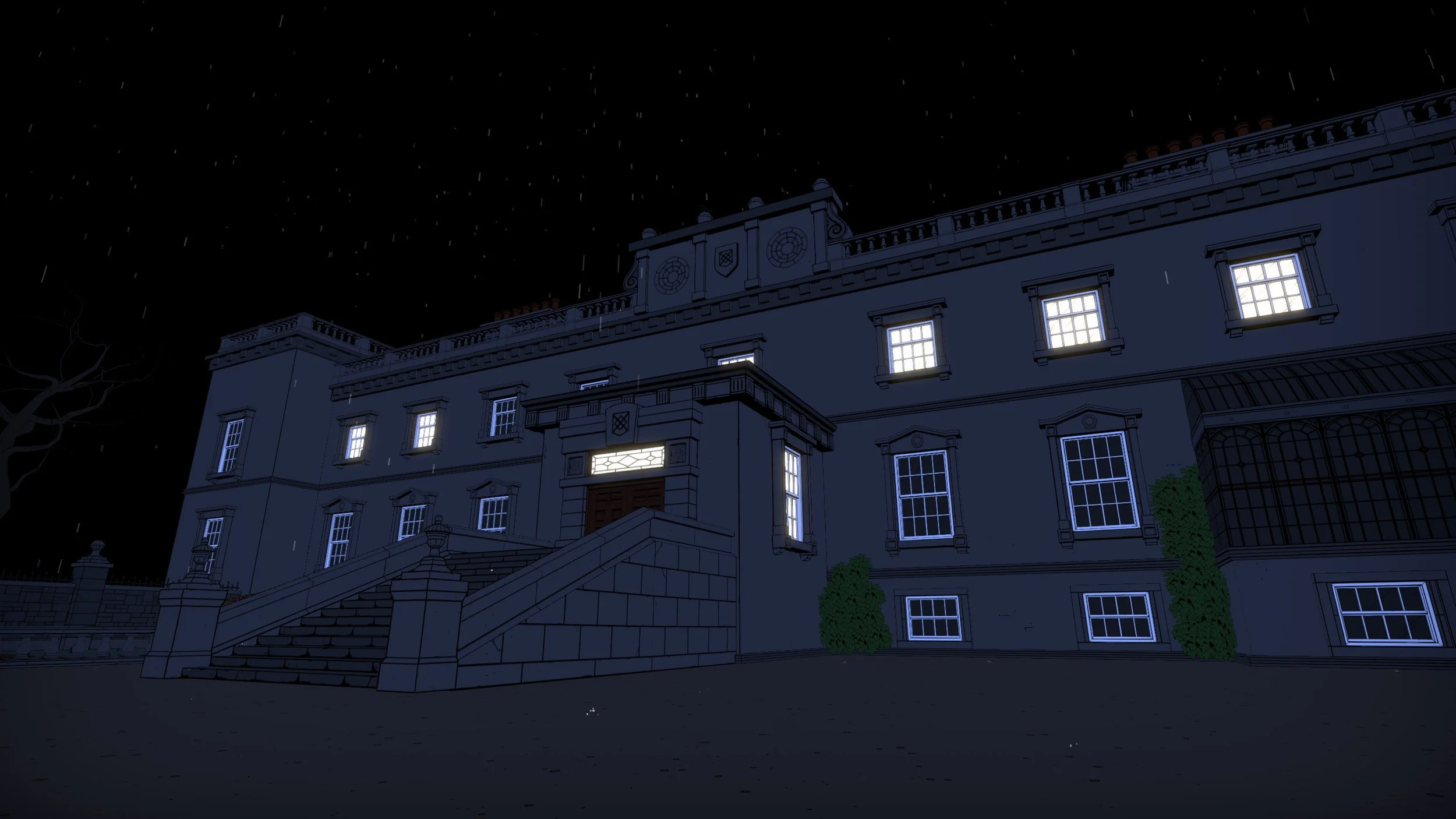 Official The Séance of Blake Manor screenshot showing the rain-soaked manor at night