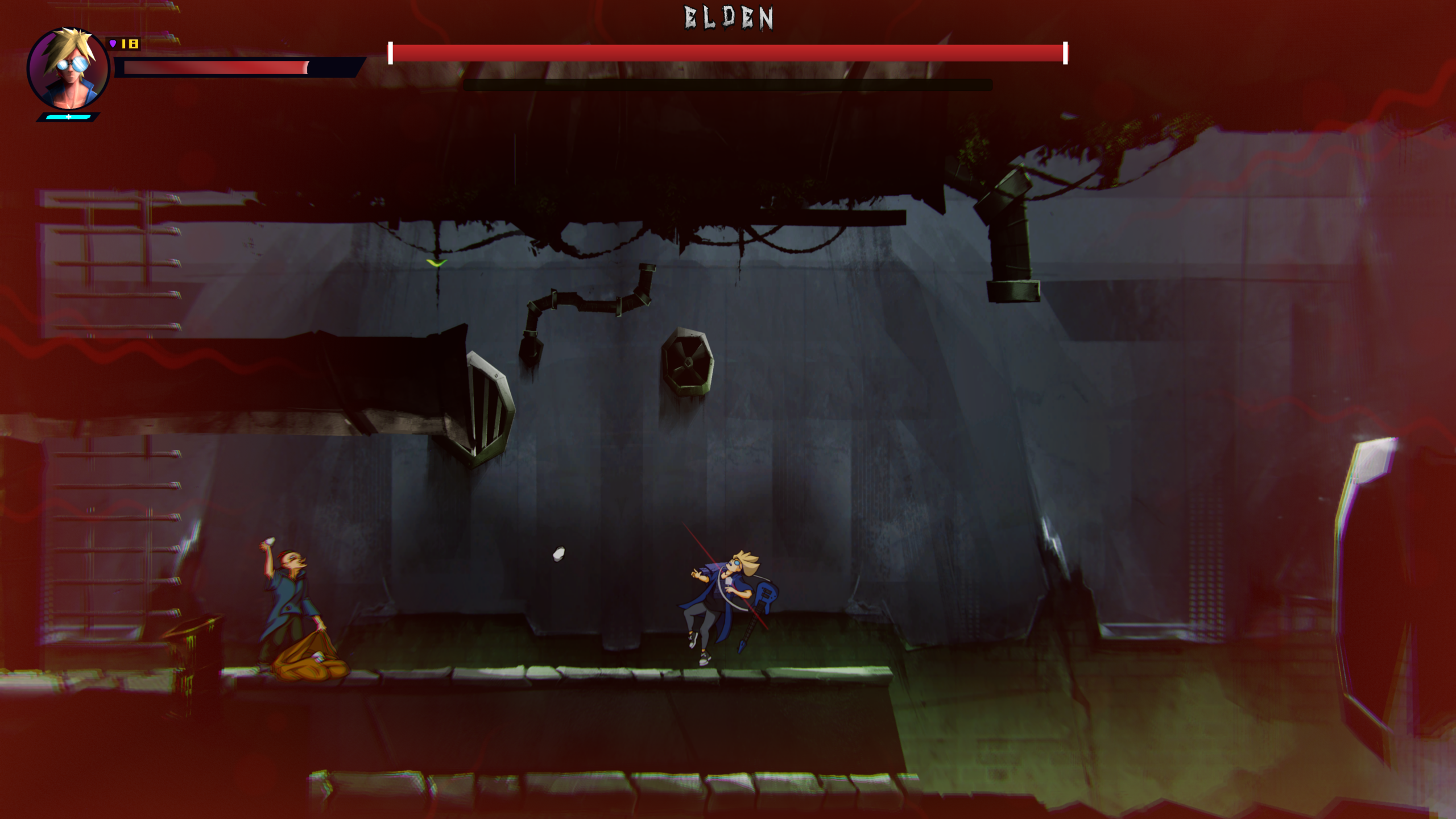 Unedited Through Decay game capture showing a battle against the boss Elden with in-game health bars