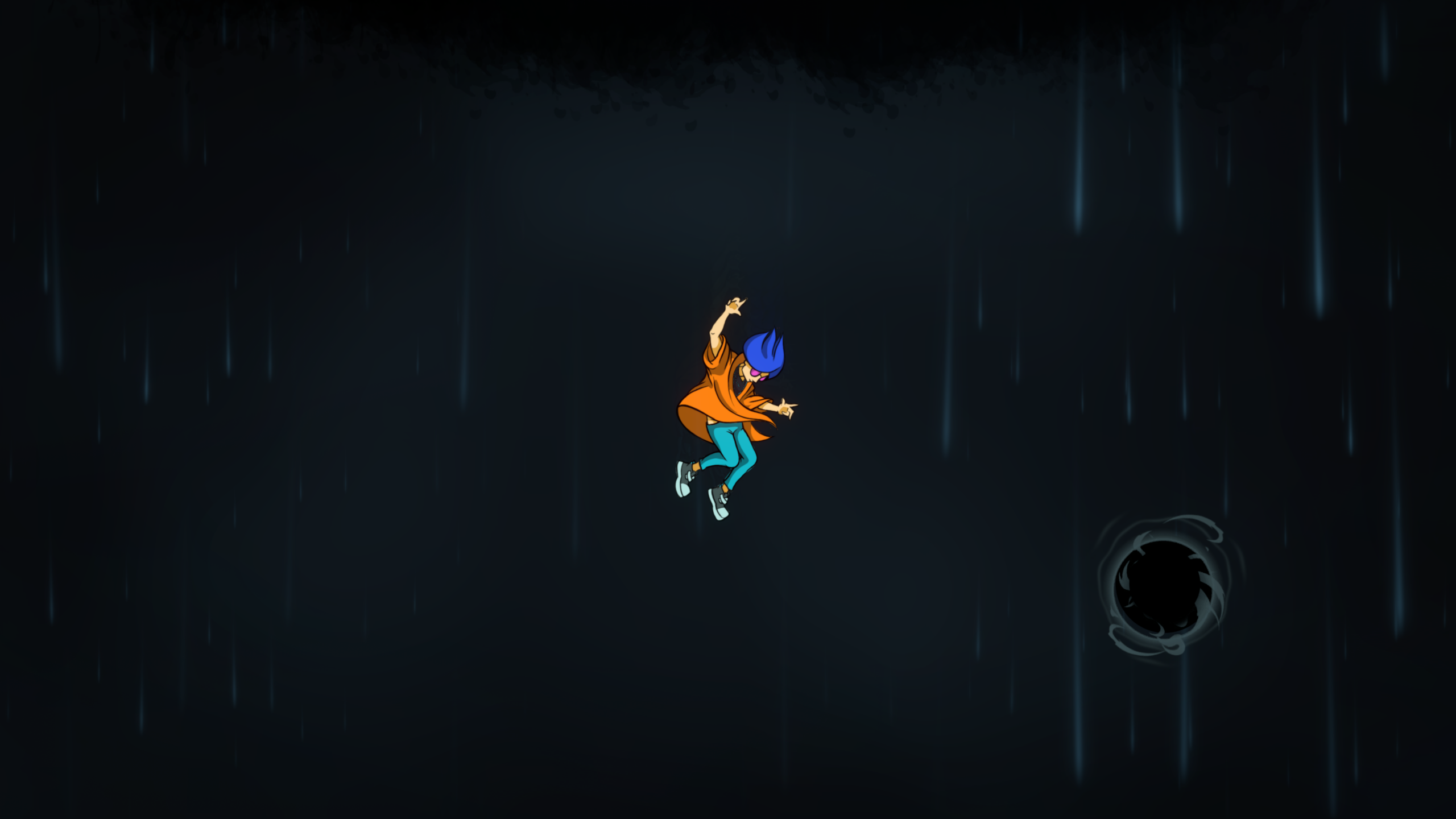 Authentic Through Decay screenshot featuring a hand-drawn character falling through a dark surreal environment