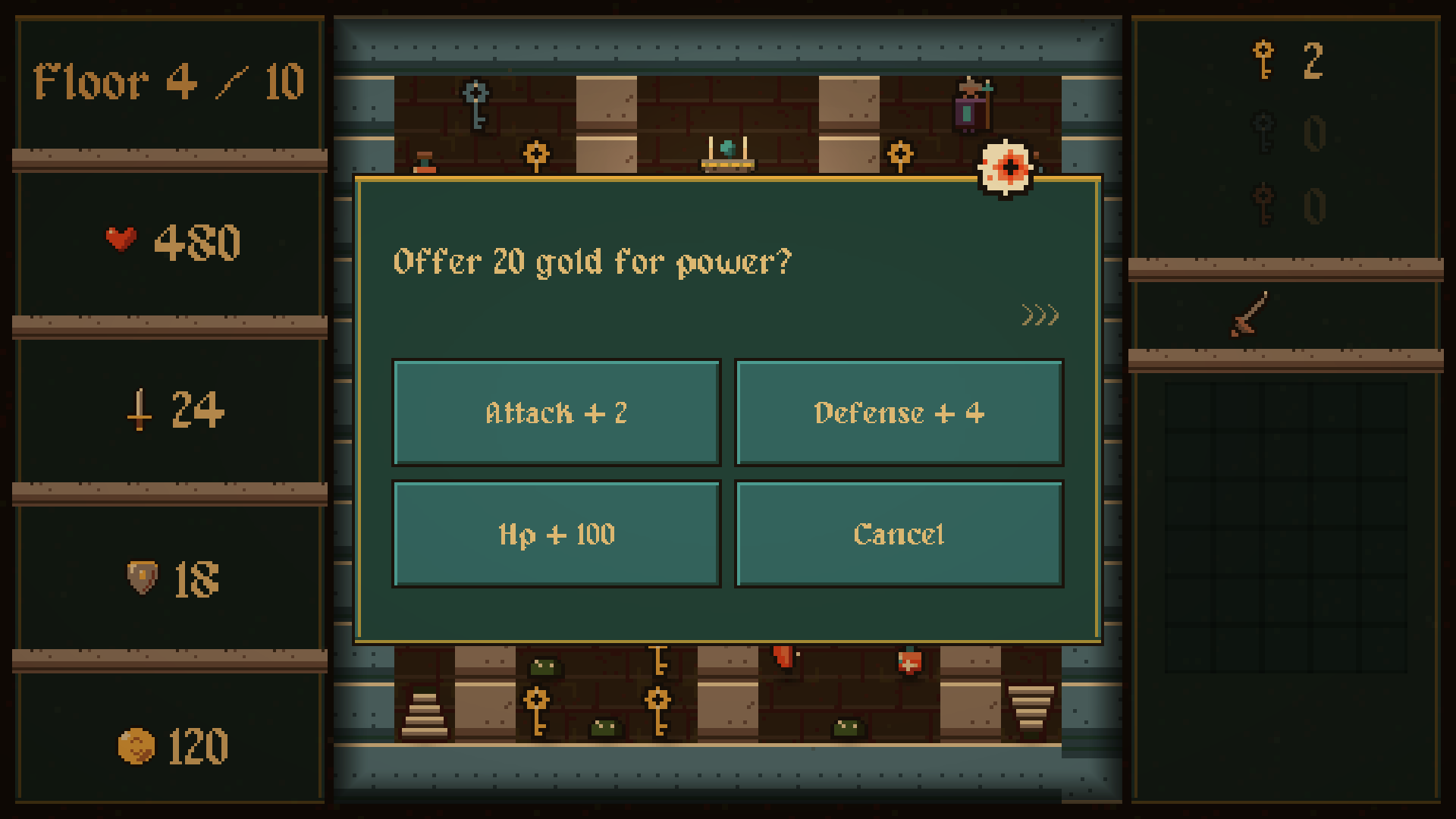 TowerBound game screenshot showing a dungeon altar and character interaction