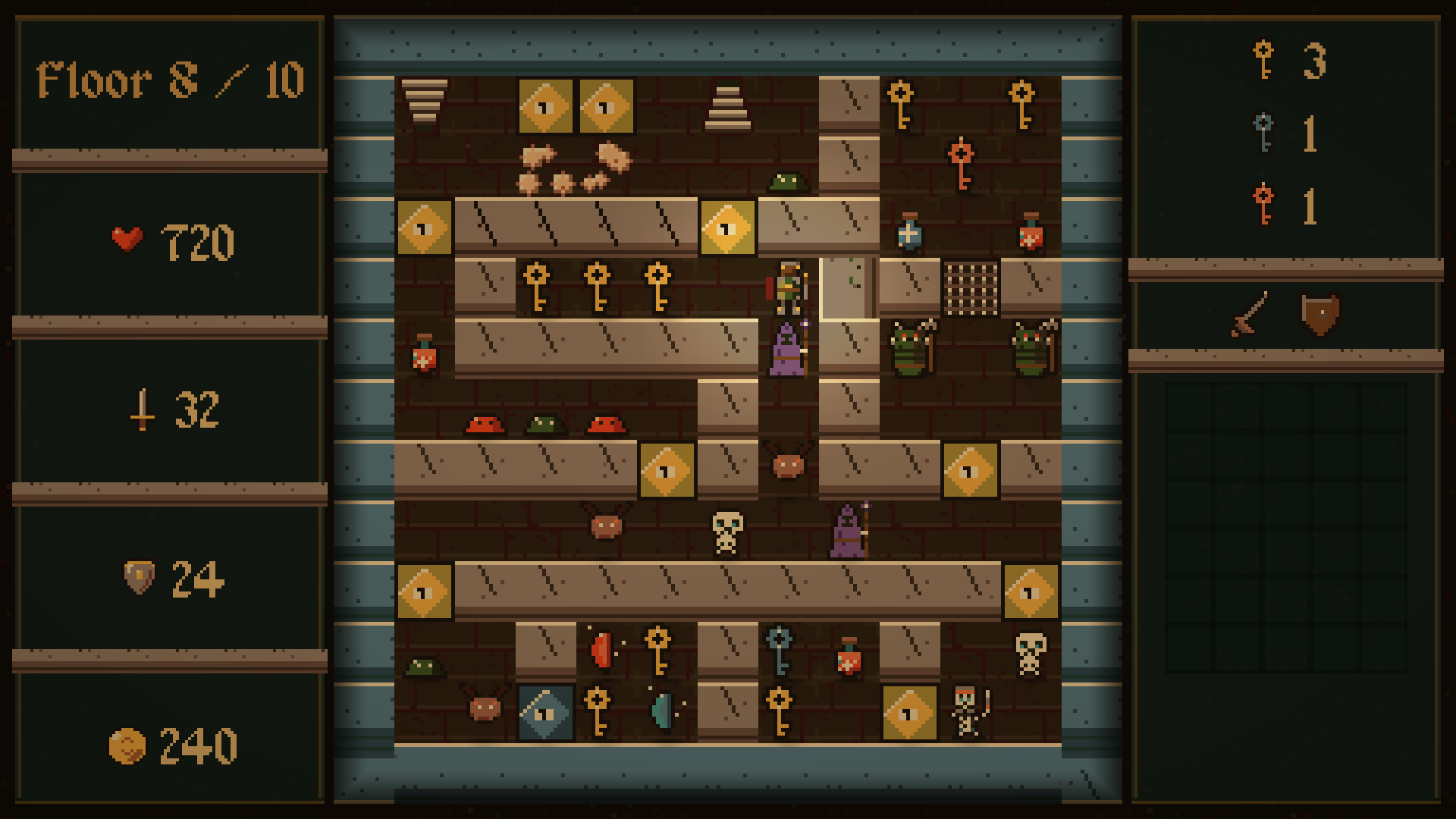 TowerBound gameplay screenshot with alternate paths, doors and enemies in a pixel-art dungeon