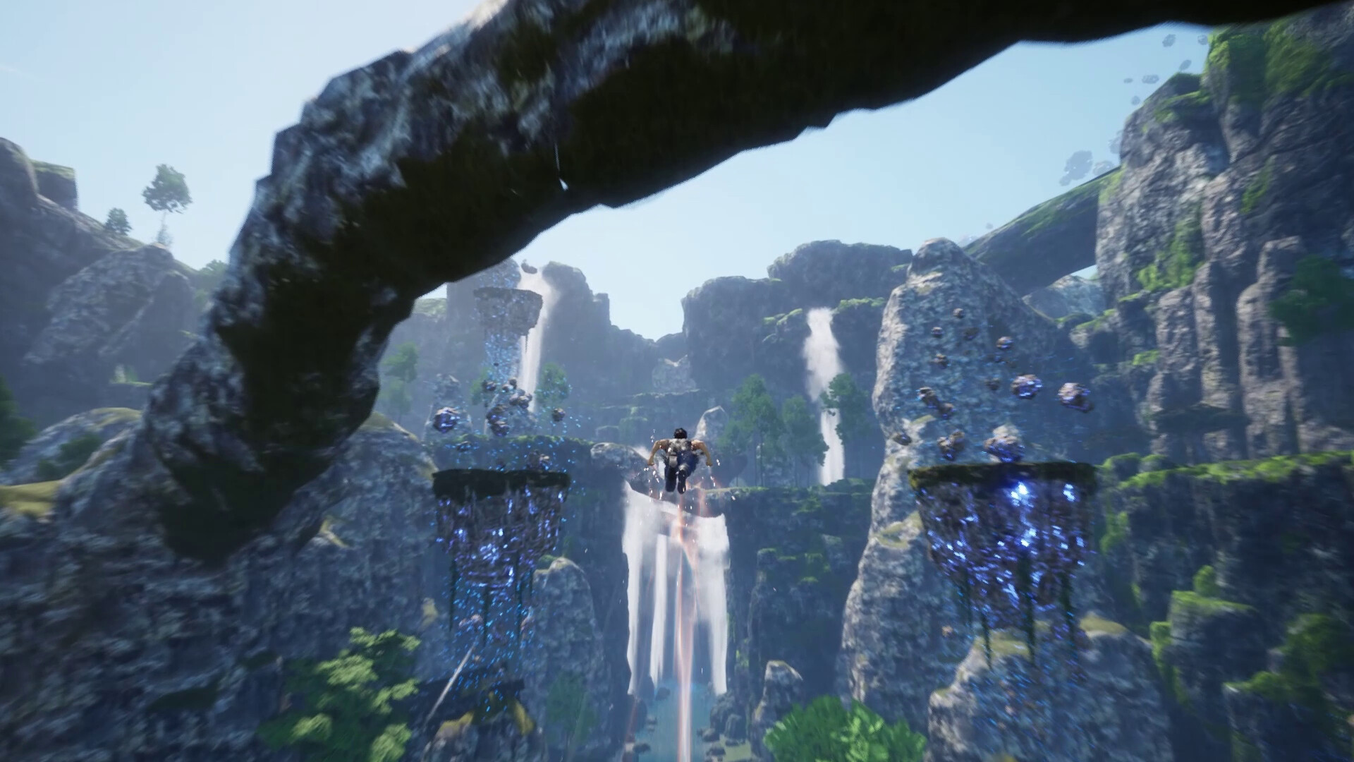 Al flies between waterfalls and rocky spires on the alien planet Voltissia in UNDEFEATED Genesis, official Steam screenshot