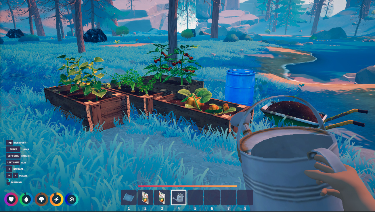 Official Under Canopies gameplay screenshot showing raised vegetable garden beds and peaceful woodland farming