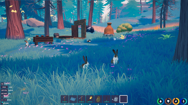 Official Under Canopies gameplay image showing rabbits in a peaceful forest clearing among pines and wildflowers