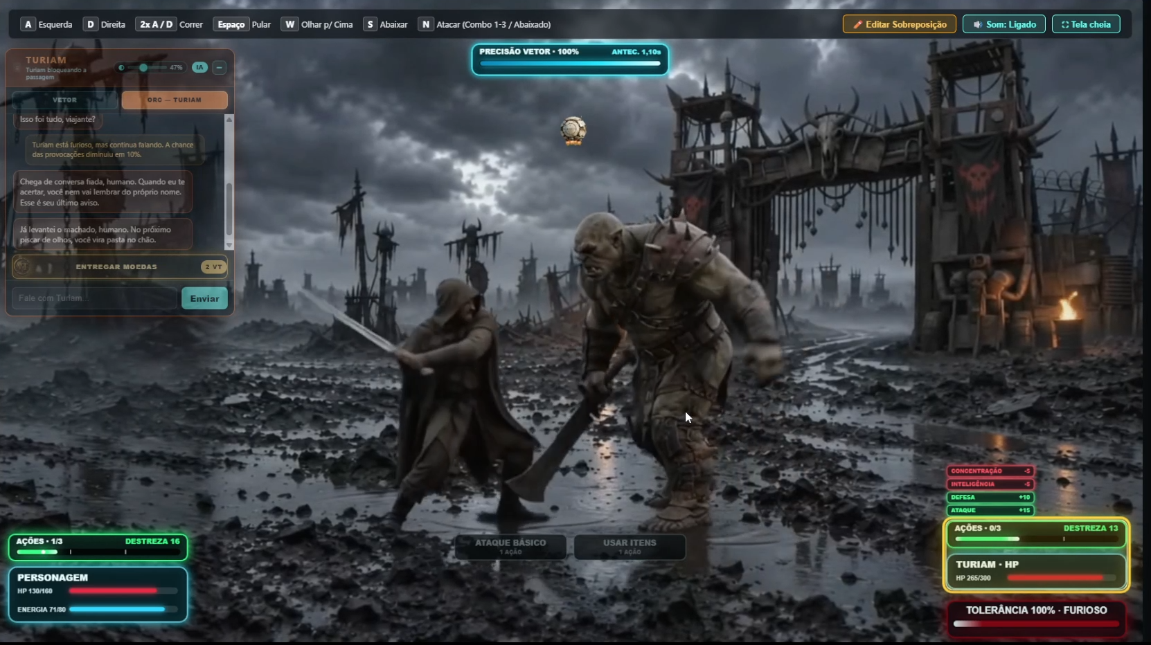 Original in-development gameplay screenshot of V.E.T.O.R — A Ruptura showing Turiam encounter dialogue, combat and enemy tolerance interface