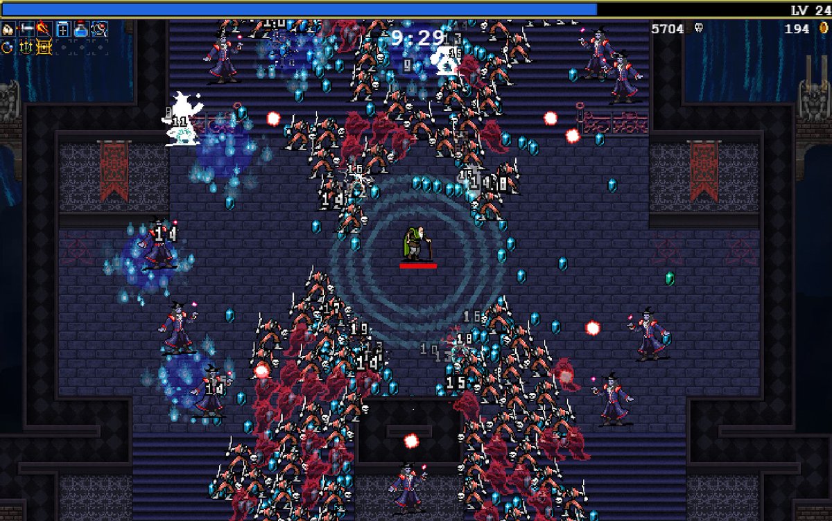 Official Vampire Survivors gameplay screenshot showing hordes of enemies and blue spell effects