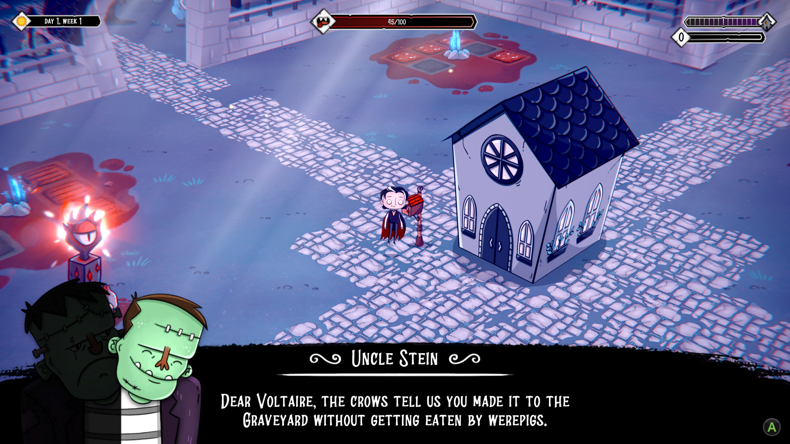 Original screenshot of Voltaire: The Vegan Vampire, captured during Coloured Static Press review testing